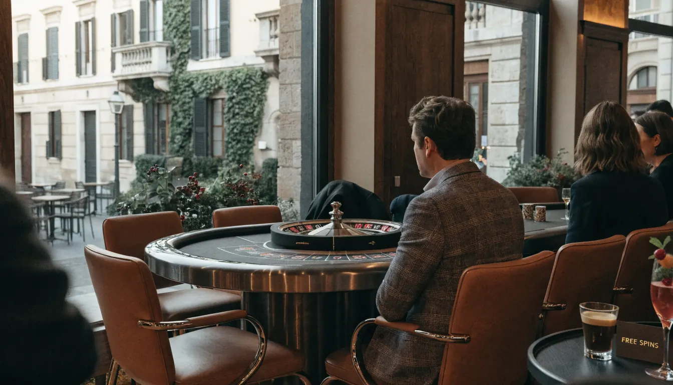 Lounge di casinò italiano elegante con tavolo da roulette e caffè espresso