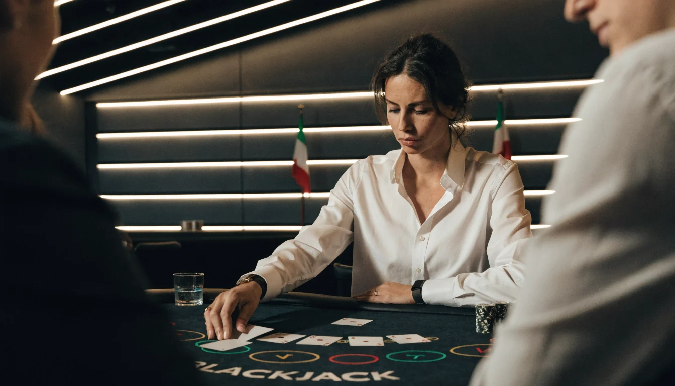 Croupier al tavolo da blackjack in studio italiano