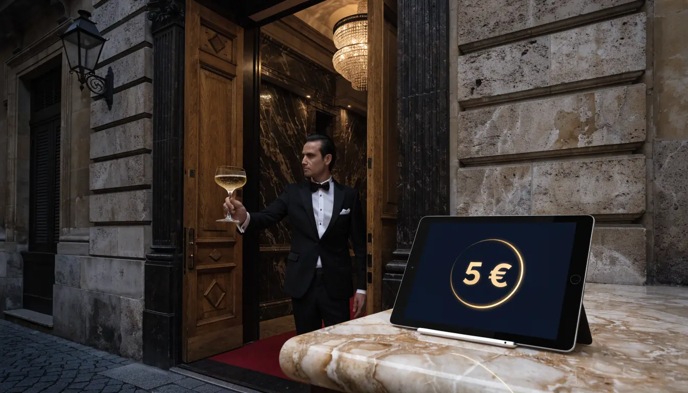 Ingresso elegante del casinò italiano con cifra 5 € evidenziata.