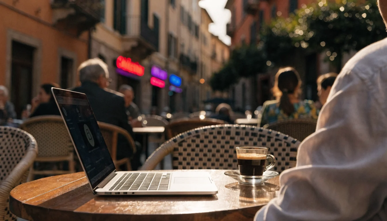 Caffè italiano al tramonto con laptop e simbolo di criptovaluta