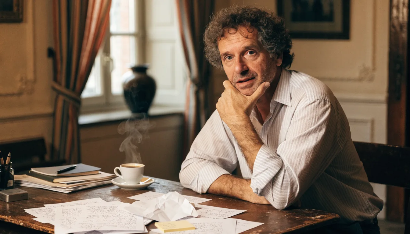 Scrittore italiano al lavoro con caffè e appunti.
