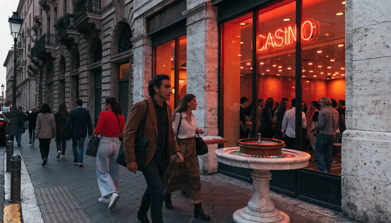 Facciata di un casinò con roulette e fiches a Roma al tramonto