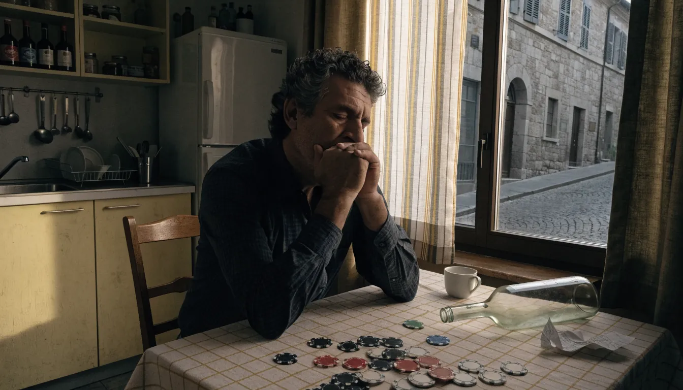Uomo italiano preoccupato al tavolo di cucina, luce soffusa.