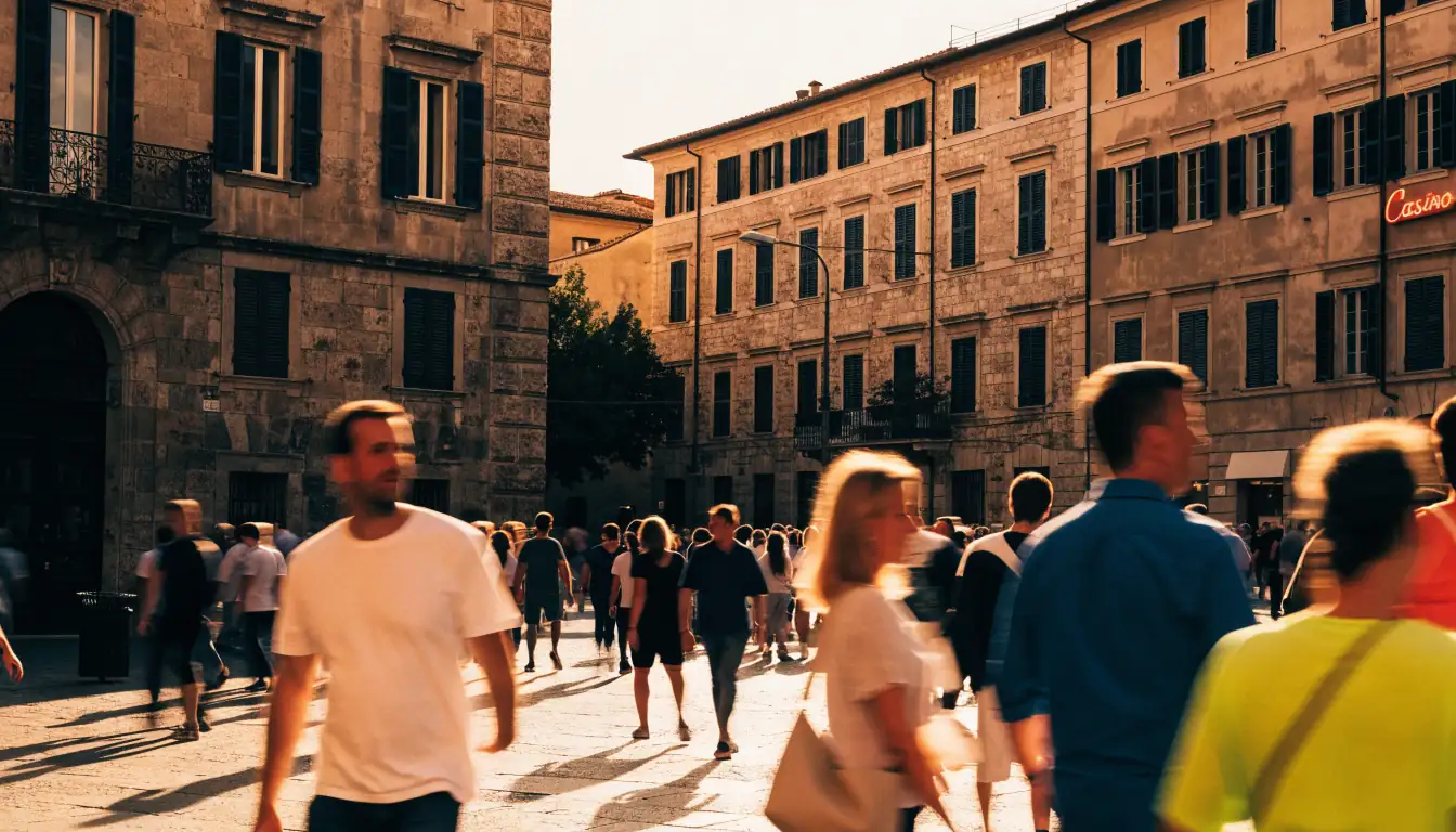 Piazza italiana al tramonto con insegna da casinò sbiadita
