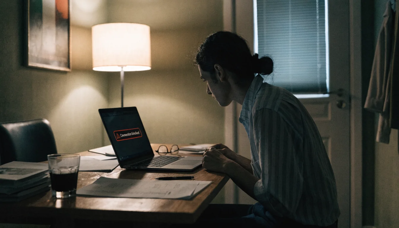 Laptop con avviso di connessione bloccata in un appartamento italiano