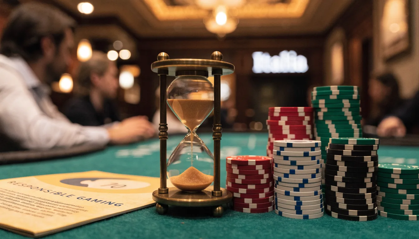 Clessidra sul tavolo da casinò con brochure di gioco responsabile