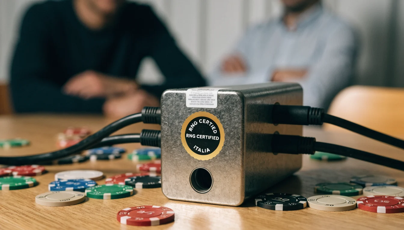 Modulo RNG certificato su tavolo con fiches da casinò