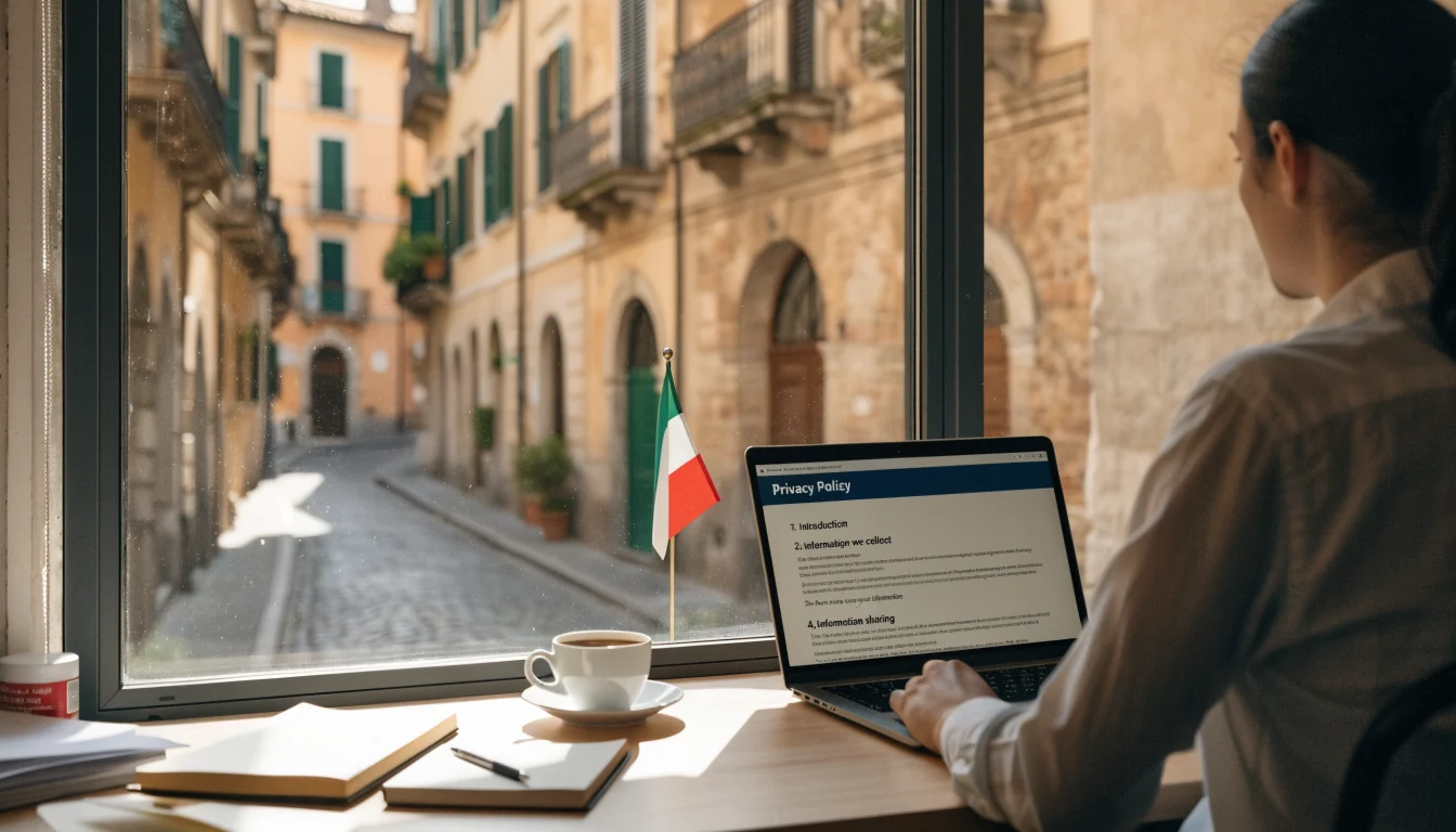 Ufficio italiano con laptop, tazza di caffè e bandiera italiana