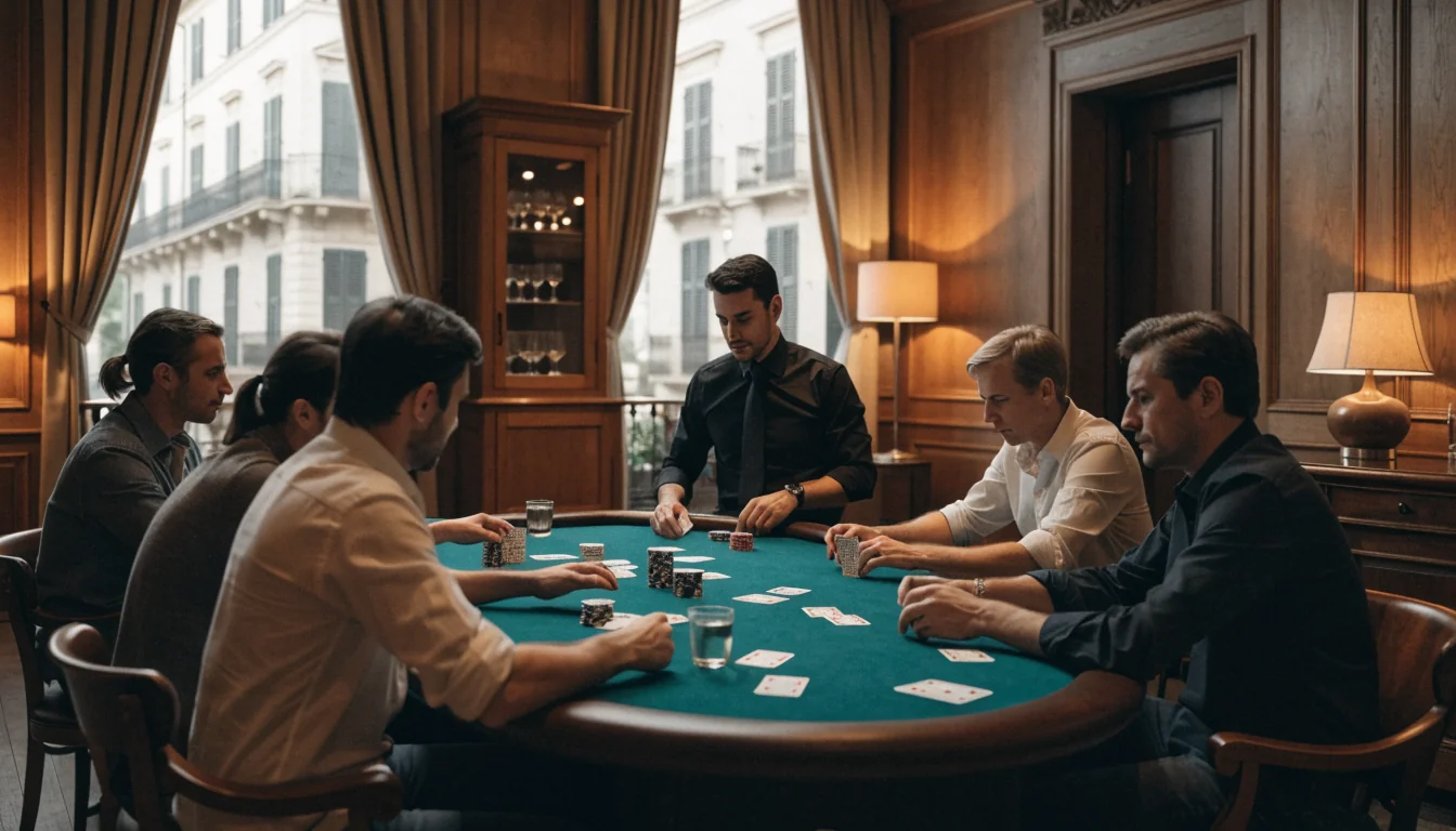 Croupier al tavolo da poker in un casinò italiano elegante